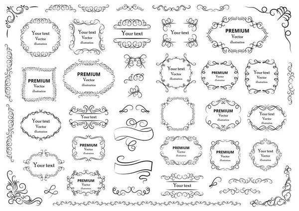 Calligraphic Design Elements Decorative Swirls Scrolls Vintage Frames Flourishes Labels — Stock Vector