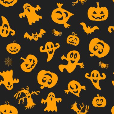 Cadılar Bayramı tasarımı için kusursuz vektör deseni. Cadılar Bayramı sembolleri: hayalet, yarasa, çizgi film tarzında balkabağı. Vektör İllüstrasyonu.