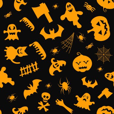 Cadılar Bayramı tasarımı için kusursuz vektör deseni. Cadılar Bayramı sembolleri: hayalet, yarasa, çizgi film tarzında balkabağı. Vektör İllüstrasyonu.
