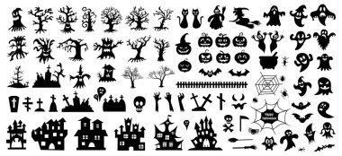 Beyaz arka planda Cadılar Bayramı siluetleri. Vektör illüstrasyonu