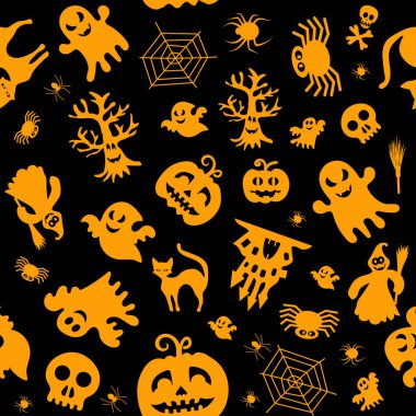 Seamless vector pattern for Halloween design. Halloween symbols: ghost, bat, pumpkin in cartoon style. Vector Illustration.	
