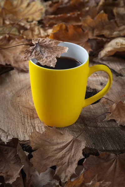 Herbststilleben Mit Einer Tasse Kaffee Und Abgefallenen Blättern — Stockfoto