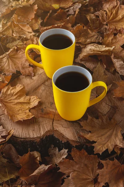 Outono Ainda Vida Com Uma Xícara Café Folhas Caídas — Fotografia de Stock