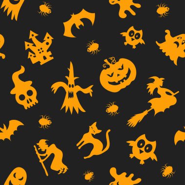 Seamless vector pattern for Halloween design. Halloween symbols: ghost, bat, pumpkin in cartoon style. Vector Illustration.	