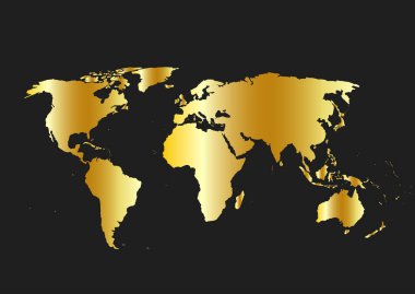 Dünya haritası vektörü, siyah arkaplanda izole. Düz Dünya, web sitesi şablonu, yıllık rapor, bilgi grafikleri. Dünya çapında seyahat, harita silueti arkaplanı.