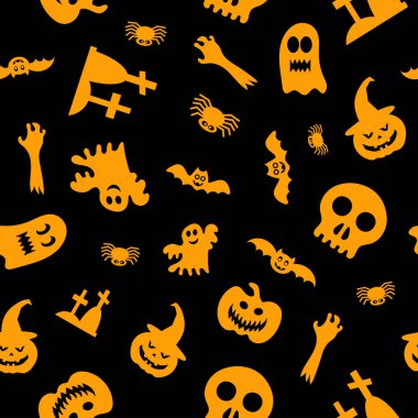 Seamless vector pattern for Halloween design. Halloween symbols: ghost, bat, pumpkin in cartoon style. Vector Illustration.	