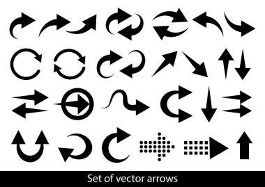 Oklar büyük siyah set simgeleri. Ok vektör koleksiyonu. İmleç. Modern basit oklar. Vektör illüstrasyonu