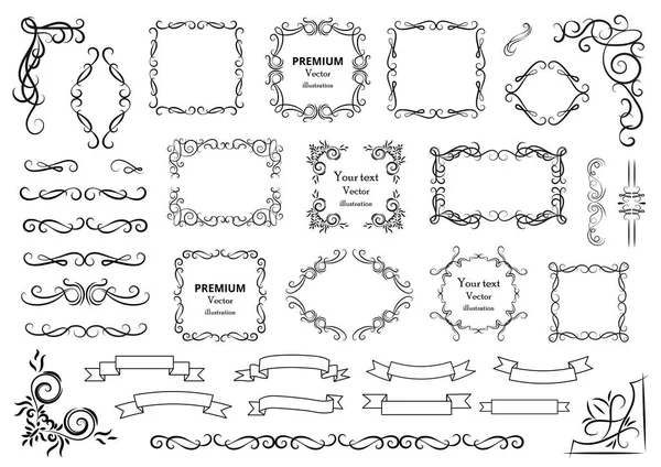 Calligraphic Design Elements Decorative Swirls Scrolls Vintage Frames Flourishes Labels — Stock Vector