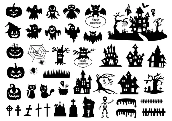 Set Von Silhouetten Von Halloween Auf Weißem Hintergrund Vektorillustration — Stockvektor