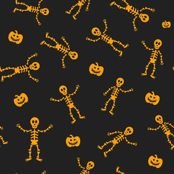 Cadılar Bayramı tasarımı için kusursuz vektör deseni. Cadılar Bayramı sembolleri: iskelet, çizgi film tarzında balkabağı. Vektör İllüstrasyonu