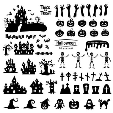  Beyaz arka planda Cadılar Bayramı siluetleri. Vektör illüstrasyonu.