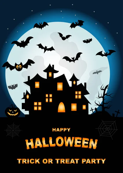 Sfondo Notte Halloween Con Zucca Con Pipistrelli Casa Luna Piena — Vettoriale Stock