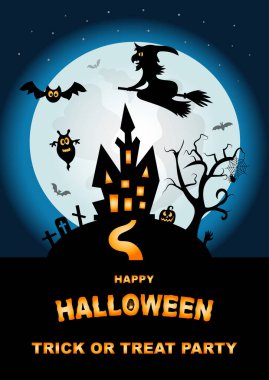 Cadılar Bayramı gecesinde balkabağı, cadı, yarasalar, ev ve dolunay. Cadılar Bayramı posteri. Vektör illüstrasyonu.