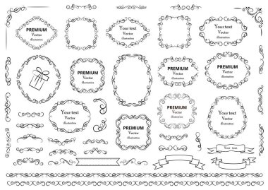 Calligraphic design elements . Decorative swirls or scrolls, vintage frames , flourishes, labels and dividers. Retro vector illustration.	