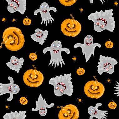Vector seamless pattern for Halloween. Pumpkin, ghost and spider on the Halloween theme. Bright cartoon pattern for Halloween.	