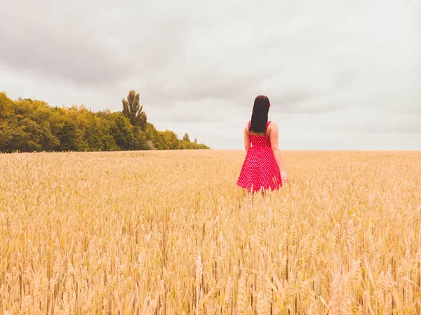 Beautiful girl in red retro dress standing in golden field. Freedom concept. Happy woman outdoors. Harvest, agriculture concept.