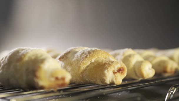 Baker saupoudrant poudre givrante sur de délicieux biscuits. Croissants frais luxuriants avec du sucre en poudre sur le dessus. Mouvement lent . — Video