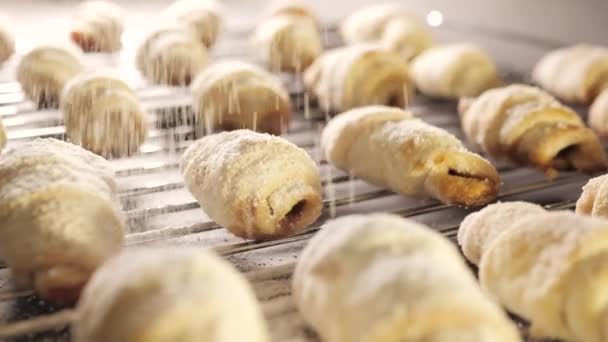 Baker polvilhando açúcar em pó sobre biscoitos de manteiga. Croissants frescos exuberantes com farinha em pó no topo — Vídeo de Stock