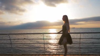 Siluet siyah Bale tutu ve pointe setin gündoğumu veya günbatımı okyanus ya da deniz kumsalda yukarıda üzerinde dans eden bir balerin. Germe pratik uzun saçlı Genç bayan. Ağır çekim.