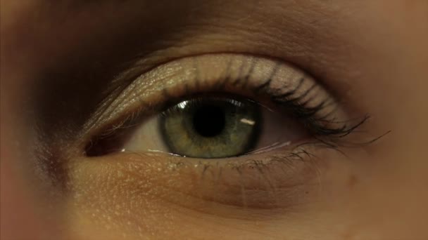 Extrême gros plan humain iris des yeux vert foncé en vidéo 4K UHD. Iris oculaire humain en contraction. Extrêmement près. Vidéo 4K UHD 2160p. — Video