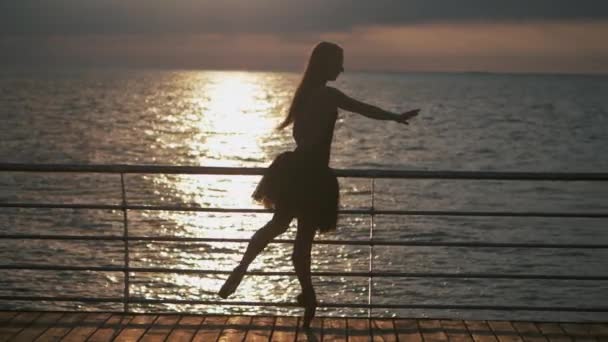 Dansande ballerina i svart balett tutu och peka på vallen ovanför havet eller havet vid solnedgången. Siluett av ung vacker blond kvinna med långt hår öva stretching och övningar. Slow Motion. — Stockvideo