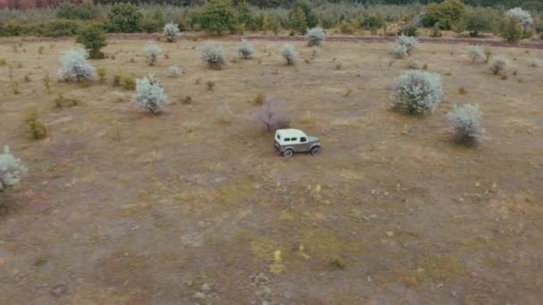 Soğuk savaş sırasında oluşturulan Romanya eski askeri jeep. SSCB Oto Sanayi klasiği. Eski otomobil koleksiyonu. Retro araç. Araba üzerinde off-road sürüş. Drone havadan görünümü — Stok video