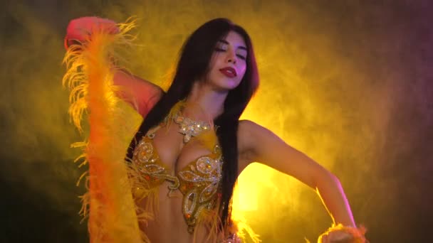 Seductive sexy traditional oriental belly dancer girl dancing on yellow neon smoke background. Woman in exotic costume with feathers sexually moves her semi-nude body. — Stock Video