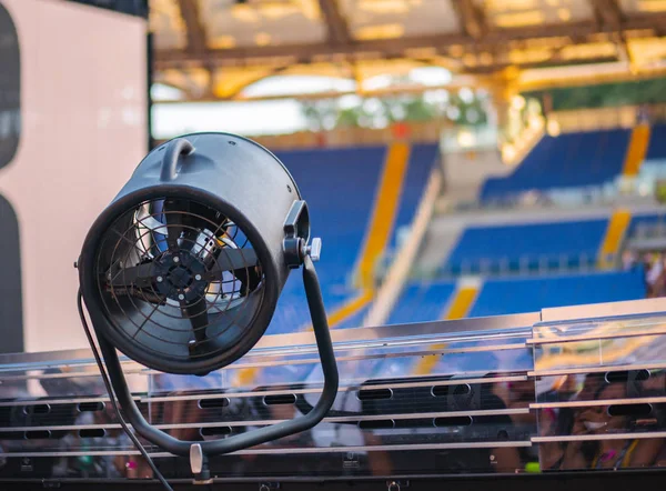 Stage illumination light equipment and projector. Searchlight floor. Element of job lighting. Spotlight on stage before concert.