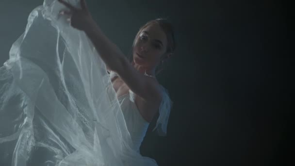 Elegante bailarina en vestido blanco bailando elementos de ballet clásico o moderno en la oscuridad con luz y humo sobre el fondo negro, cámara lenta — Vídeo de stock