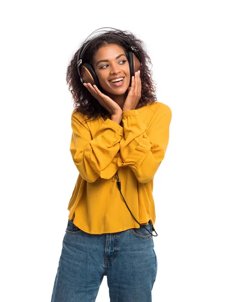Attractive African American Young Woman Listening Music Headphones Dancing White — Stock Photo, Image