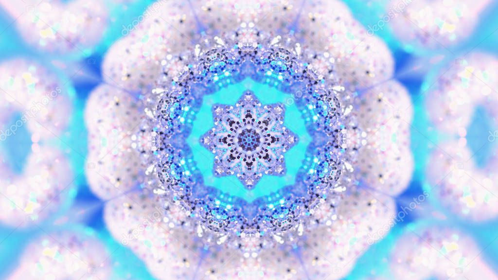 Fractal Noise and Kaleidoscopic. Pattern made with Particle System. mirror prism creating toy effect, with shimmering lights and fast changing mandala shapes