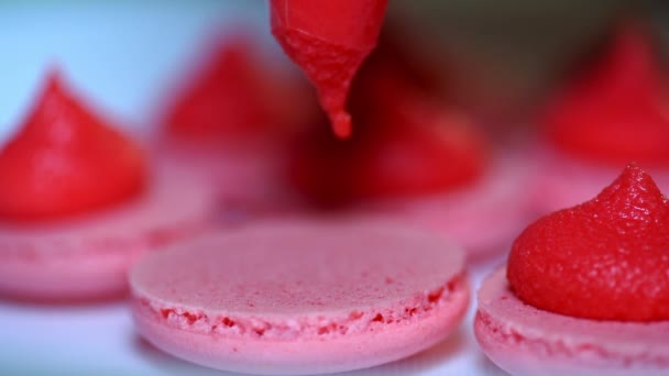 Faire des macarons roses, presser et ajouter de la crème de remplissage à partir du sac à pâtisserie. Macarons - délicieux et beau dessert français. Cuisine, cuisine et pâtisserie, concept de pâtisserie 
