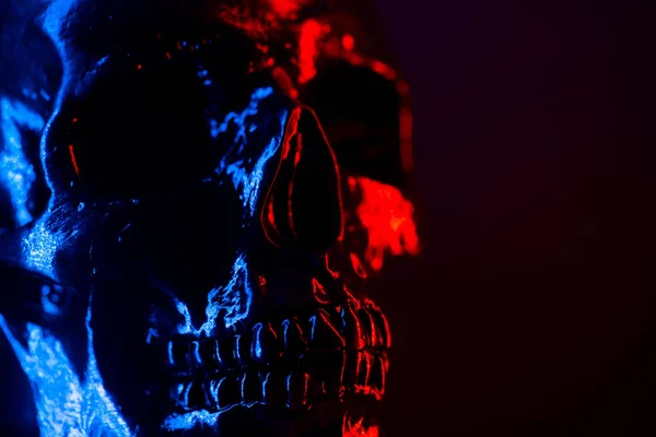 Cabeça de crânio humana antiga de perto. Luz azul e vermelha néon. Assustador e sinistro. Glamour, disco, conceito de Halloween . — Fotografia de Stock