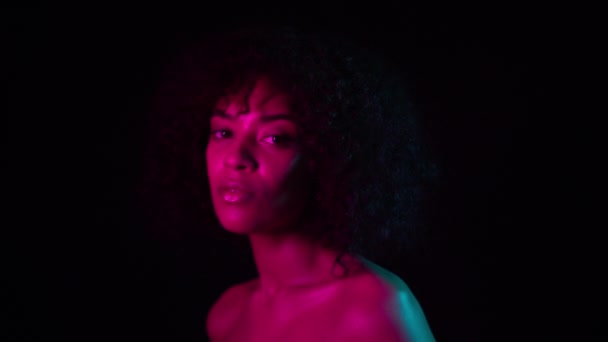 Retrato de una joven y encantadora chica africana en luz de neón rosa sobre fondo negro. Mujer tentadora con maquillaje perfecto mirando a la cámara y sonriendo. Glamour, concepto de moda — Vídeo de stock