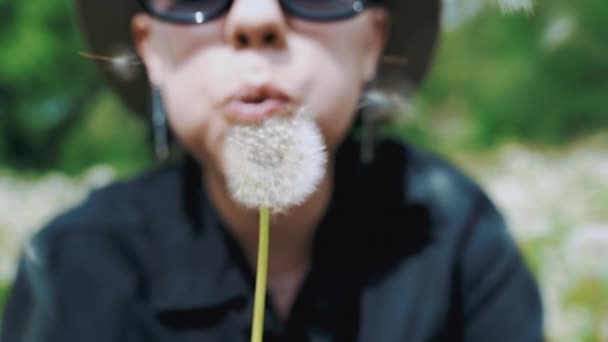 Femme heureuse soufflant sur le pissenlit dans le parc. Fille en chapeau et lunettes de soleil. Souhaiter, concept de joie — Video