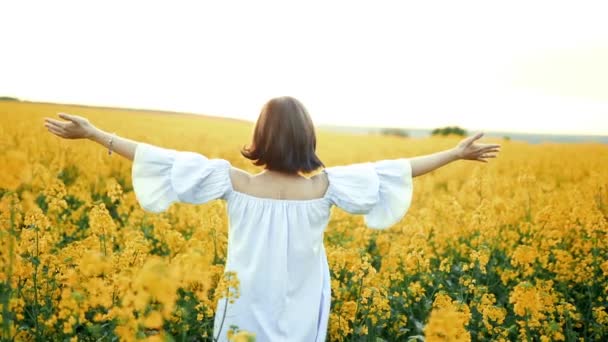 Egy nő tárt karokkal napnyugtakor a repcemagsárga virágmezőn. Hálás, természet, szépség koncepció. — Stock videók