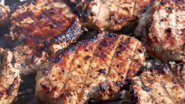 Cooking fresh juicy meat on grill barbecue — Stock Video