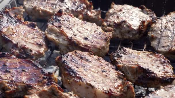 Vers sappig vlees koken op barbecue — Stockvideo