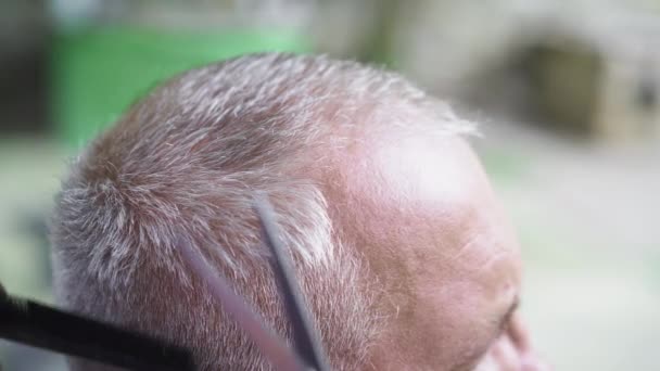 Чоловік стрижеться перукарем. Жінка-перукар використовує машину для різання чоловіка сірим волоссям. Стрижка на відкритому повітрі влітку. Крупним планом — стокове відео