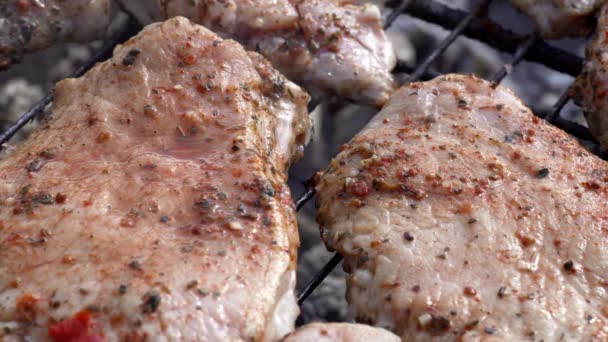 Готовить свежее сочное мясо на гриле барбекю — стоковое видео