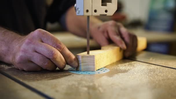 Tischler arbeitet im Atelier. Waldarbeiter schneidet Holzbretter auf Stichsägemaschine. Handarbeit, Zimmereikonzept, Holzbearbeitung. — Stockvideo