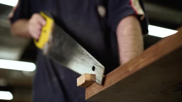 Pengrajin laki-laki menggergaji papan kayu dengan gergaji tangan. Konsep kerajinan tangan pengerjaan kayu — Stok Video