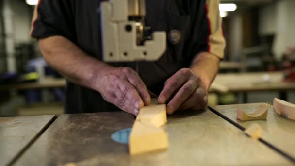 Handarbete, snickeri koncept, träbearbetning. Snickare arbetar i fabriks ateljé — Stockvideo