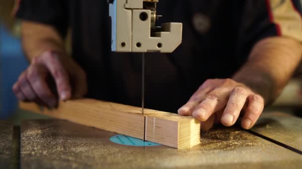Práce, truhlářství, zpracování dřeva. Tesař pracuje v dílně. — Stock video