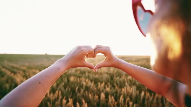 Женщина показывает жест формы сердца в поле на фоне заката. Любовь, природа, путешествия, гармония — стоковое видео