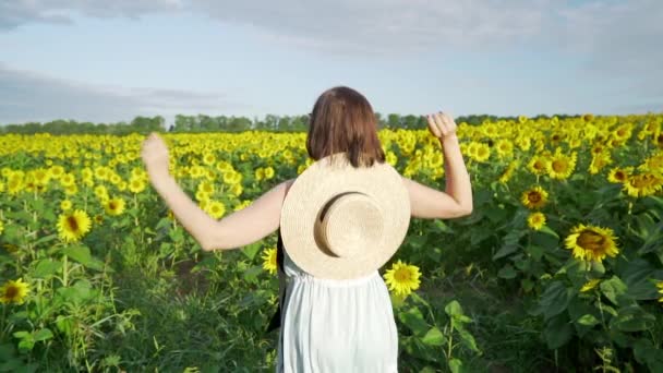 Jonge mooie vrouw met plezier in zonnebloemen veld. Portret van dansen, klappen onherkenbaar meisje. Zomer. Slow Motion. — Stockvideo