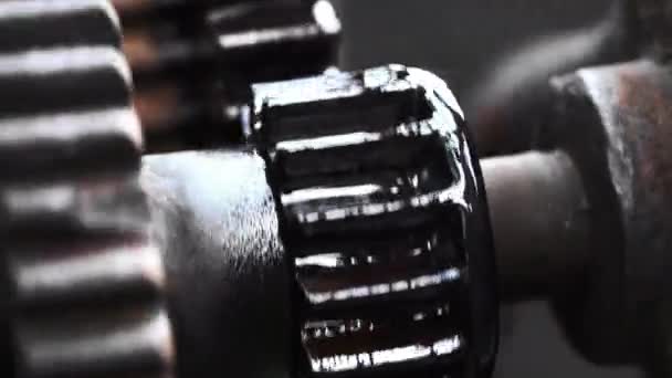 Big metal rusty gears lubricating oil rotating close-up view. Industrial mechanism. Steampunk, time, old, clock concept. — Stock Video