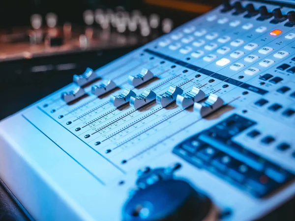 Professional Recording Studio. Interface of equipment for sound processing. Fader. Different modes of audio console. Working on song or voice — Stock Photo, Image