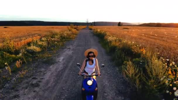 Antenn, drönarbilder. Kvinna med hatt Rider retro skoter mellan vetefält — Stockvideo