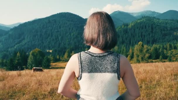 Жінка стоїть, піднімає руки вгору перед високими Карпатськими горами. Подорожі, свобода, концепція щастя. — стокове відео